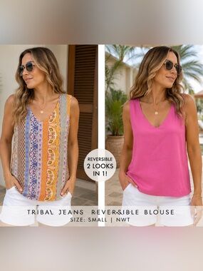 Tribal Jeans Reversible Sleeveless Blouse Tank Top Pink Print Size Small NWT